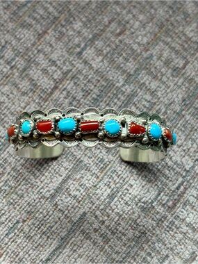 Source Unknown Sterling Silver Turquoise and Coral Stone Cuff Bracelet